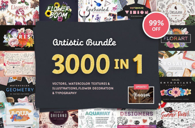 3,000 Artistic Vectors, Watercolors, Flower Decorations & More cover preview