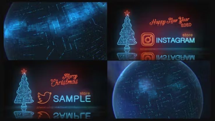 Videohive Happy New Year and Merry Christmas Digital Neon Logo Reveal | 2 mode
