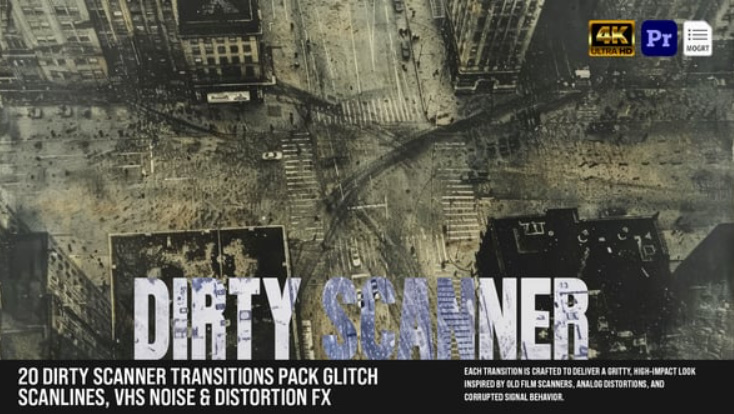 Videohive 20-Dirty Scanner Transitions Pack – Glitch Scanlines, VHS Noise & Distortion FX For MOGRT