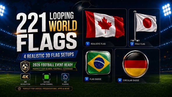 Videohive 221 Looping World Flags for After Effects – 4 Realistic 3D Setups, Keyed